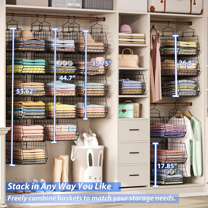 8-Tier Extended Depth Hanging Closet Organizers and Storage for Closet System, Stackable Closet Shelves with 4 Adjustable Dividers for Clothes Sweaters Purses, Wire Hanging Basket Fits Closet Laundry