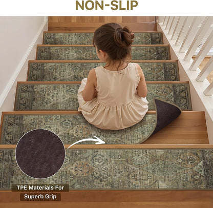 sarben Non Slip Stair Treads for Wooden Steps 15PCS - 8"x30" Indoor Safety Carpet, Edging Mats with TPE Adhesive Backing, Pet and Elderly Friendly Stair Rugs (Taupe) - Colors A