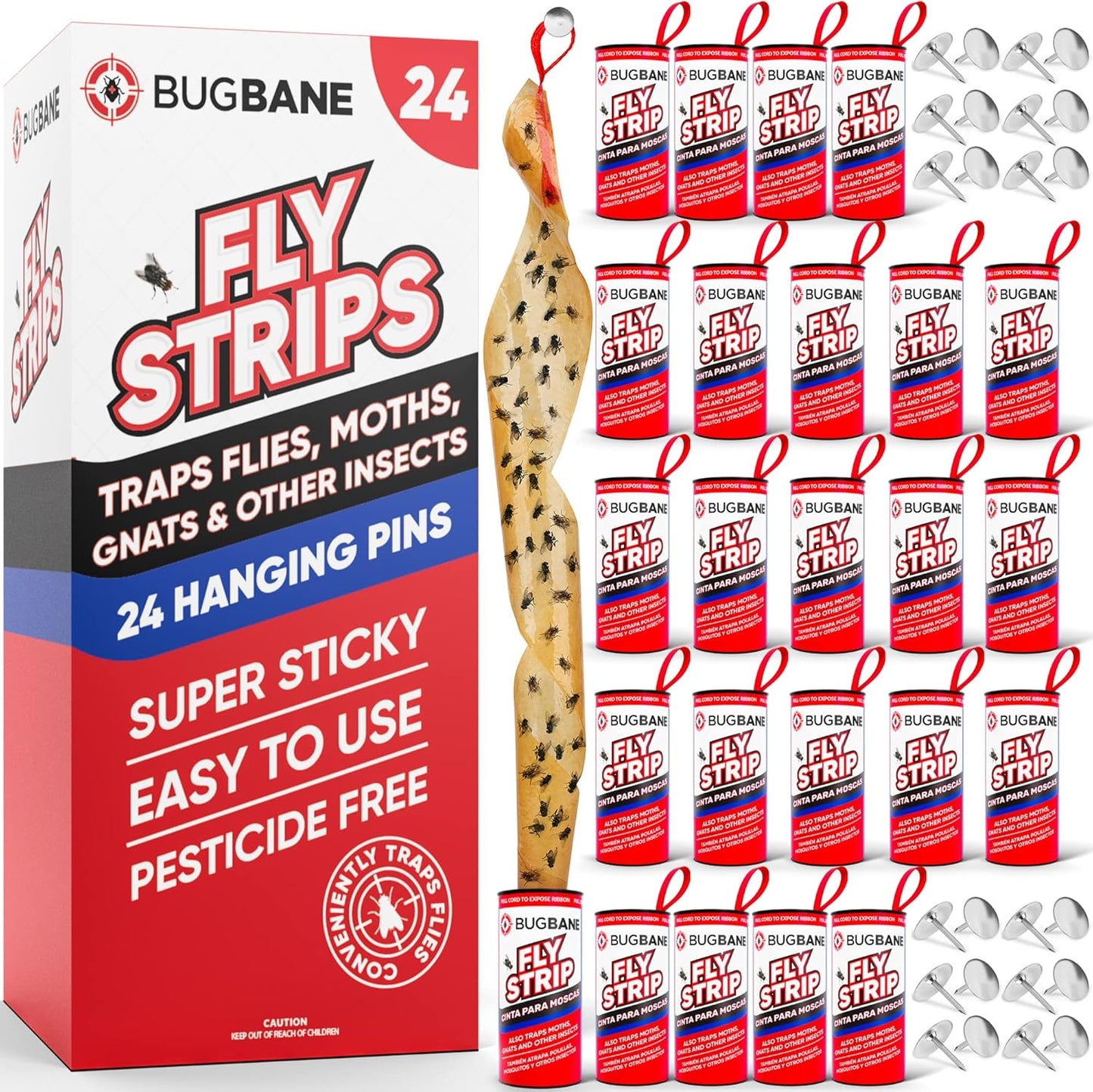 Fly Strips Indoor Sticky Hanging 10pk with Pins. Non Toxic Outdoor Fly Trap Indoor for Home. Flies Tape Paper Trap Ribbon Roll for House Gnat Fruit and Housefly. Bug Catchers for Inside Home Flypaper.