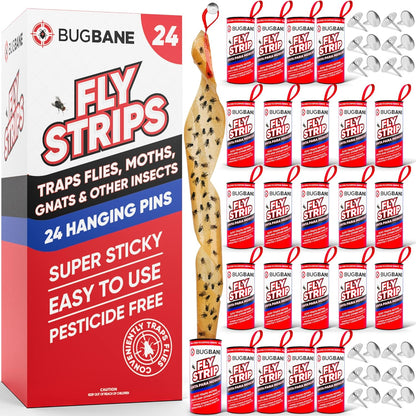 Fly Strips Indoor Sticky Hanging 10pk with Pins. Non Toxic Outdoor Fly Trap Indoor for Home. Flies Tape Paper Trap Ribbon Roll for House Gnat Fruit and Housefly. Bug Catchers for Inside Home Flypaper.