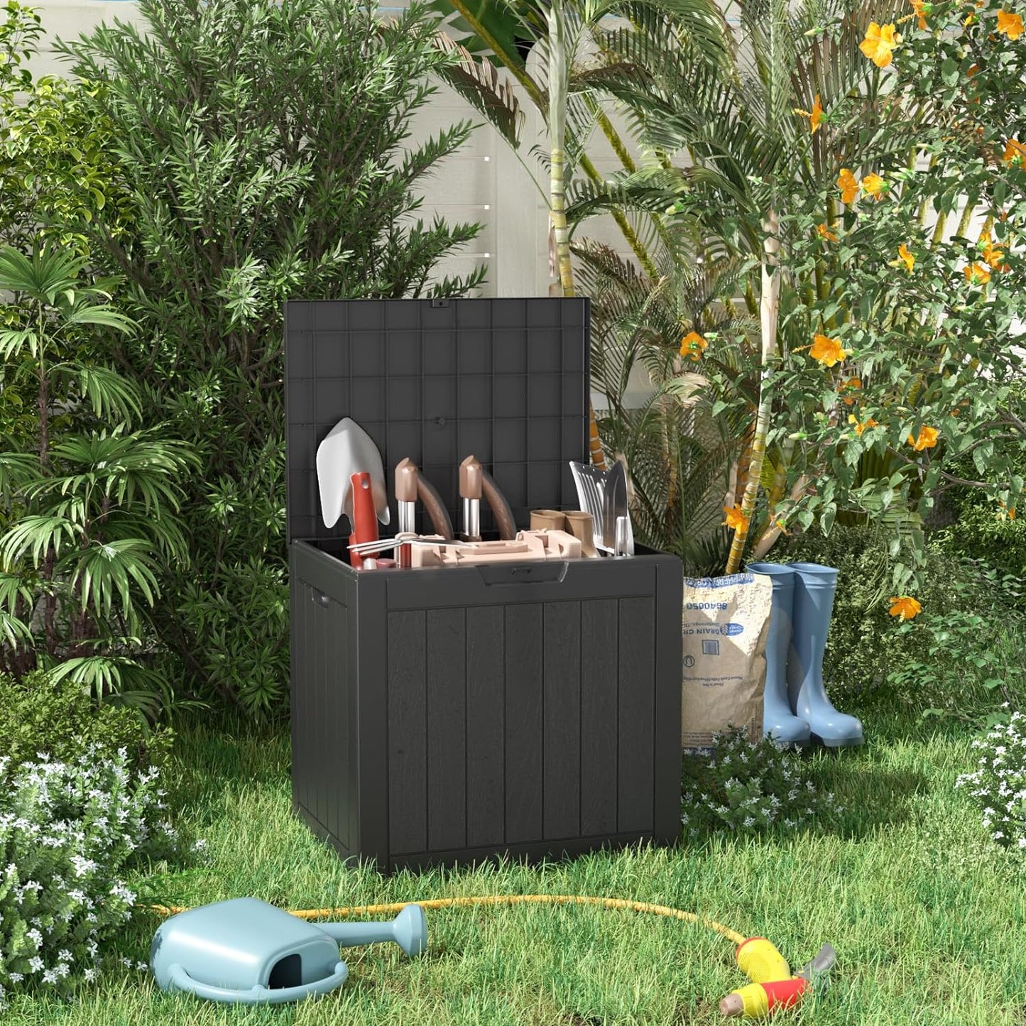 PatioZen 100 Gallon Resin Deck Box, Lockable Patio Outdoor Storage Box for Furniture, Garden Tools and Tools Storage, Waterproof Outside Storage Boxes - Black