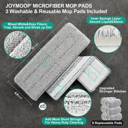 JOYMOOP Mop and Bucket with Wringer Set, Hands Free Flat Floor Mop and Bucket, 60" Mop with 3 Reusable Microfiber Pads, Wet and Dry Use, Floor Cleaning System
