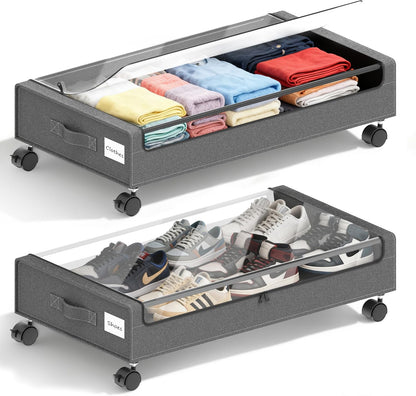 XXL Under Bed Storage with Wheels, 2 Pack 70L Extra Large Rolling Organizer, Heavy-Duty Foldable Storage Container with Lids, Fits 10" Clearance, Black