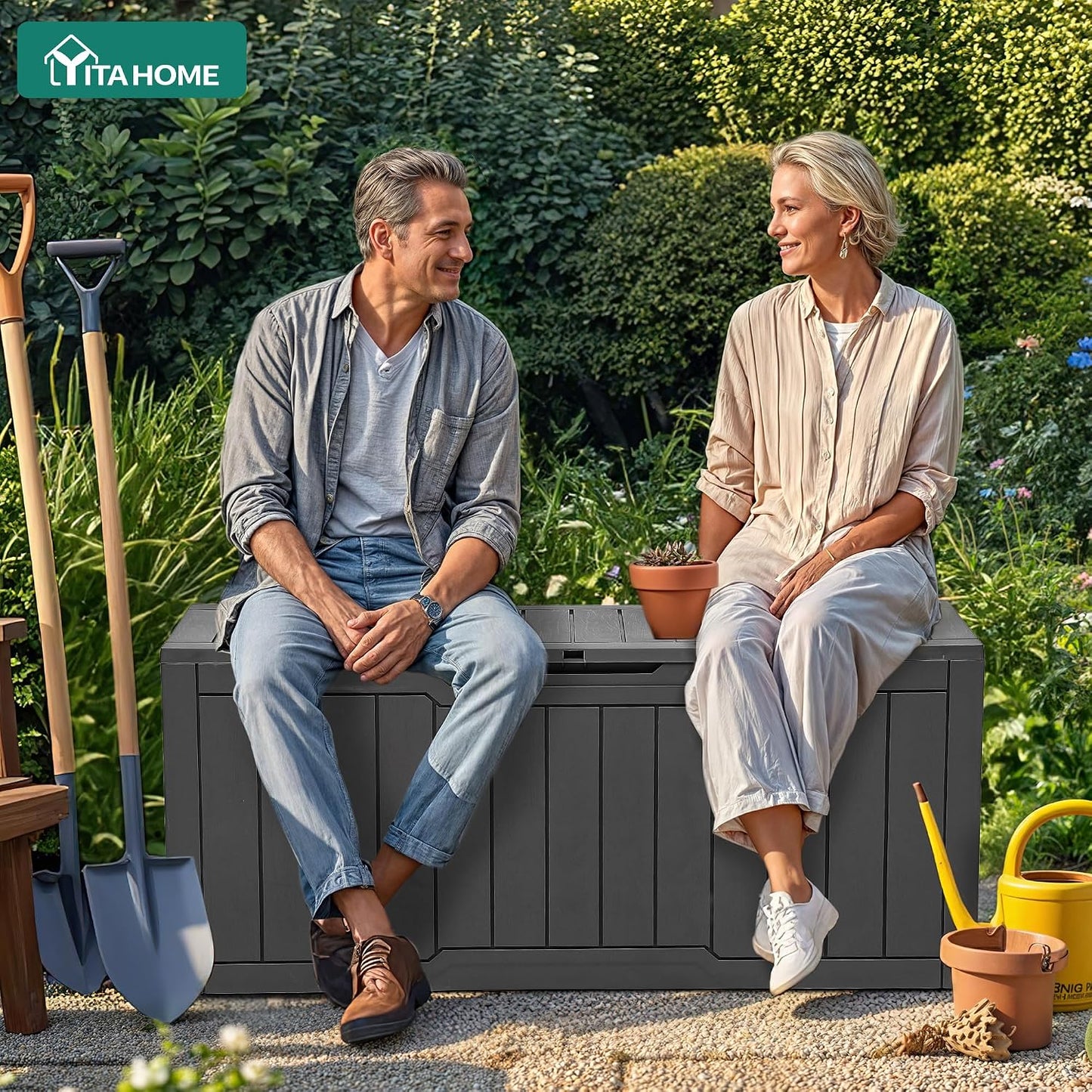 YITAHOME 31 Gallon Outdoor Storage Box | Resin Deck Box and Waterproof Package Delivery Box for Gardening Tools, Pool Supplies, Patio Furniture, Lockable, Taupe