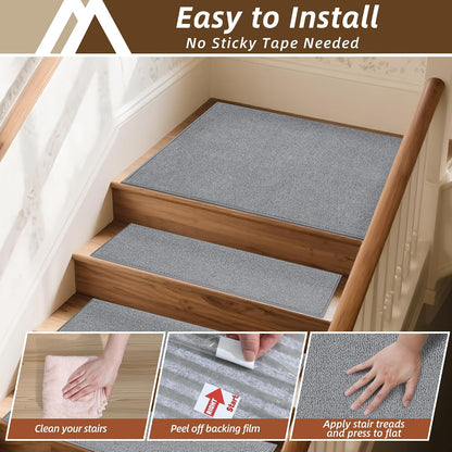COSY HOMEER Stair Treads Non-Slip Carpet Stair Treads for Wooden Steps, Indoor Stair-Runner Rugs for Kids Elders & Pets 28"x9" (4Pc, Dark Gray)