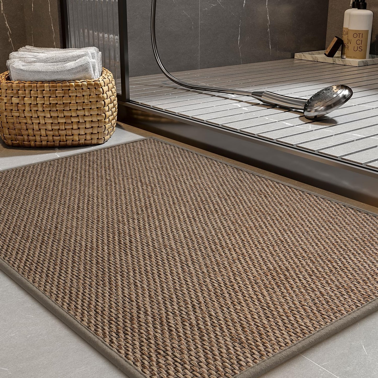 PADOOR Non-Slip Bath Mat With Rubber-Backing, Braided Absorbent Machine Washable Thin Rug for Bathroom Floor, Quick Dry, Fits Under Door, 17''x24'' Beige