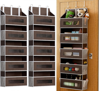 2 Pack 5 Tier Over The Door Organizer - Large Capacity Behind Door Hanging Shelves with 10 Mesh Pockets and Clear Windows, Closet Organizers and Storage for Bathroom, Bedroom, Nursery, Grey