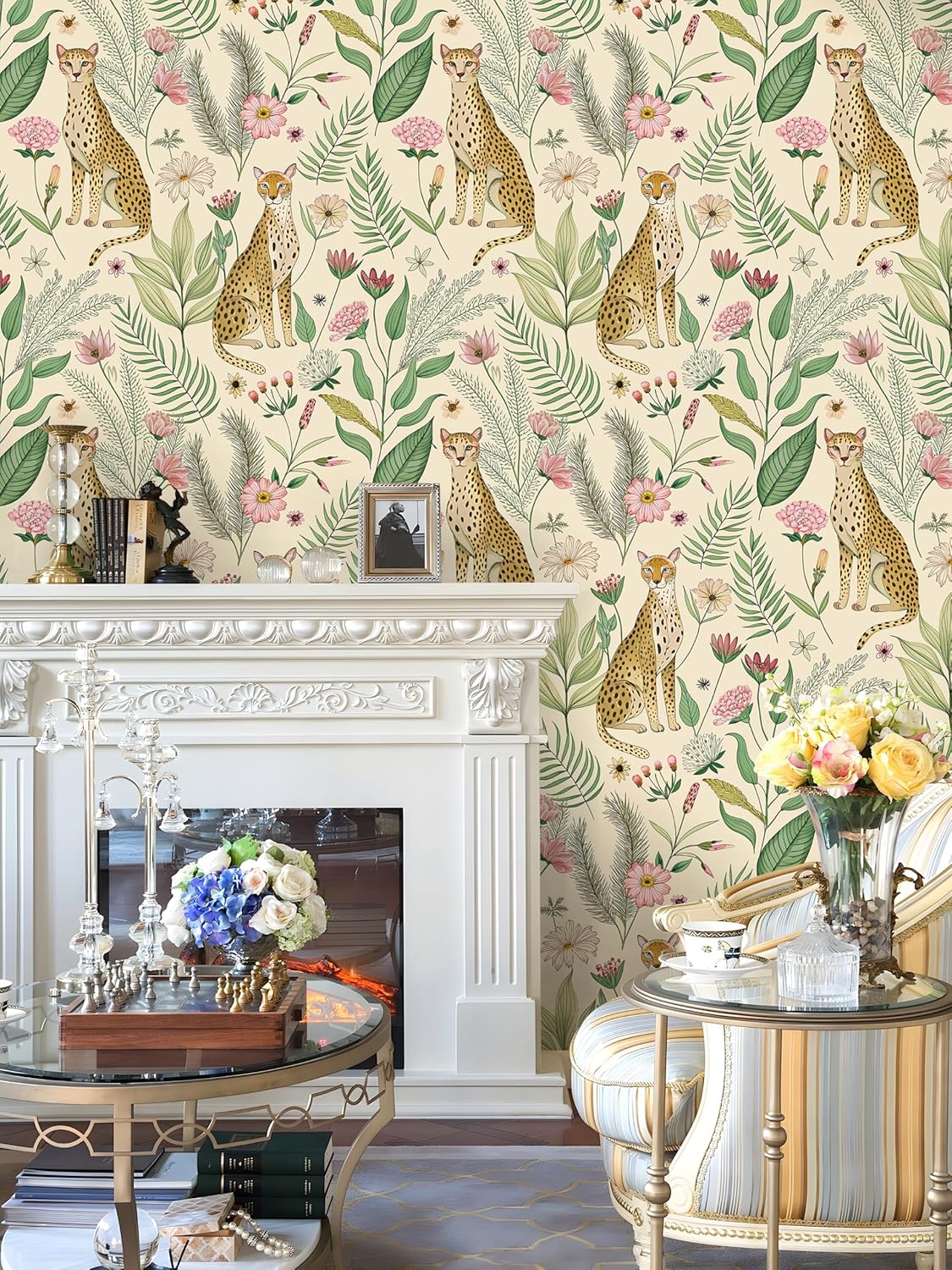 Floralplus Peel and Stick Wallpaper Leopard Jungle Removable Wallpaper for Bathroom Renter Friendly Wallpapers Self Adhesive Animal Floral Contact Paper for Accent Wall 17.5 x 118 in