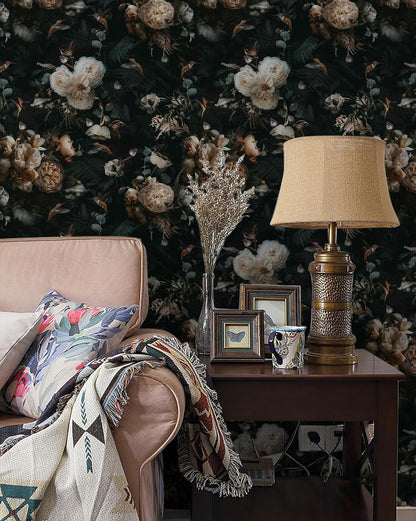 Floralplus Peel and Stick Wallpaper Removable Dark Floral Wallpaper 17.5 x 393 in Renter Friendly Wallpapers for Bedroom Accent Wall Black Floral Contact Paper Flower Wall Mural