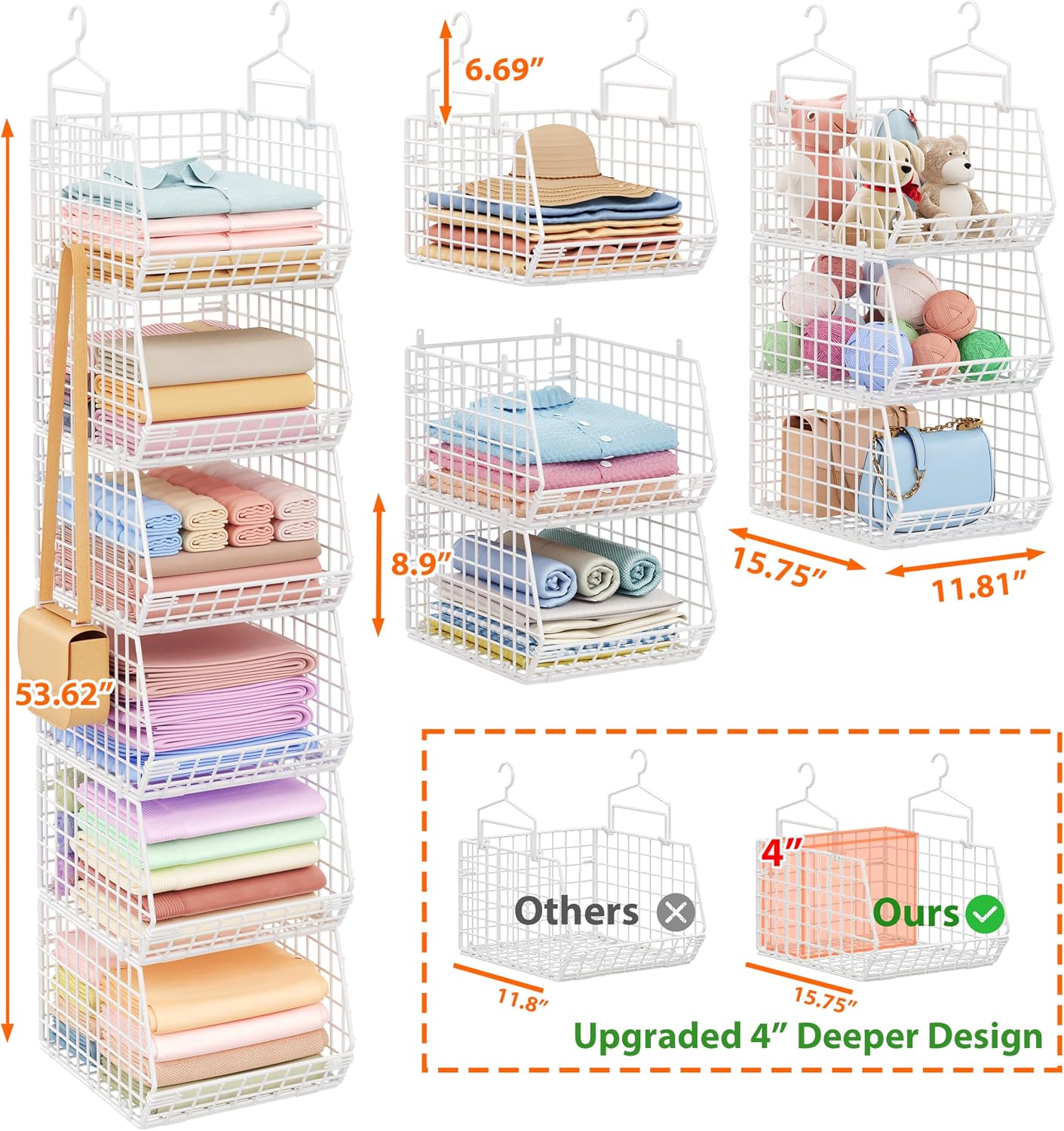 8-Tier Extended Depth Hanging Closet Organizers and Storage for Closet System, Stackable Closet Shelves with 4 Adjustable Dividers for Clothes Sweaters Purses, Wire Hanging Basket Fits Closet Laundry