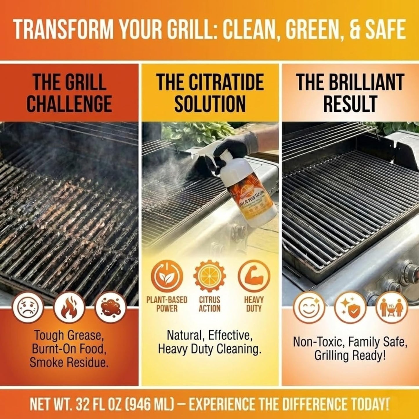 Grill & Oven Cleaner Spray – Heavy Duty Plant-Based Citrus Degreaser Cleans and Degreases BBQ Cooking Grates and Racks, Pellet and Electric Smokers– Non-Toxic, USA Made (32 fl oz)