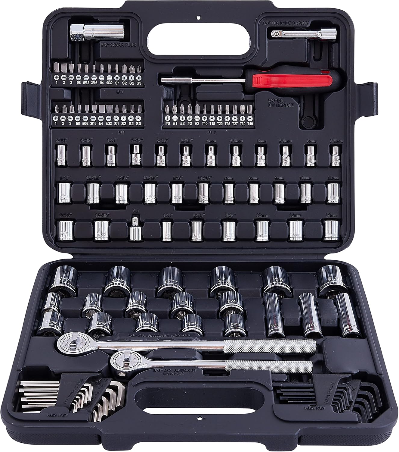 MECHMAX 121-Piece Mechanics Tool Set, 1/4 & 3/8-Inch Drive | Metric and standard SAE socket wrench kit. General automotive repair hand tool set for car mechanics and garage DIY