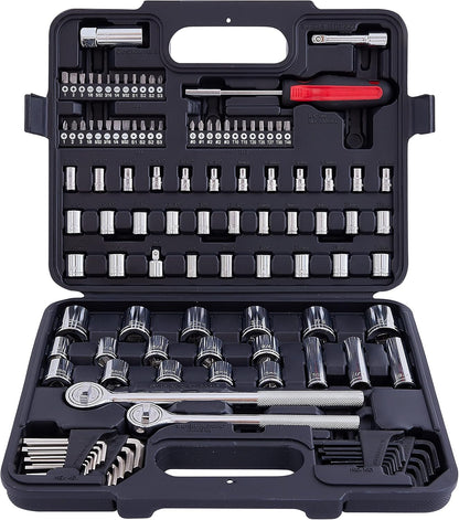 MECHMAX 121-Piece Mechanics Tool Set, 1/4 & 3/8-Inch Drive | Metric and standard SAE socket wrench kit. General automotive repair hand tool set for car mechanics and garage DIY
