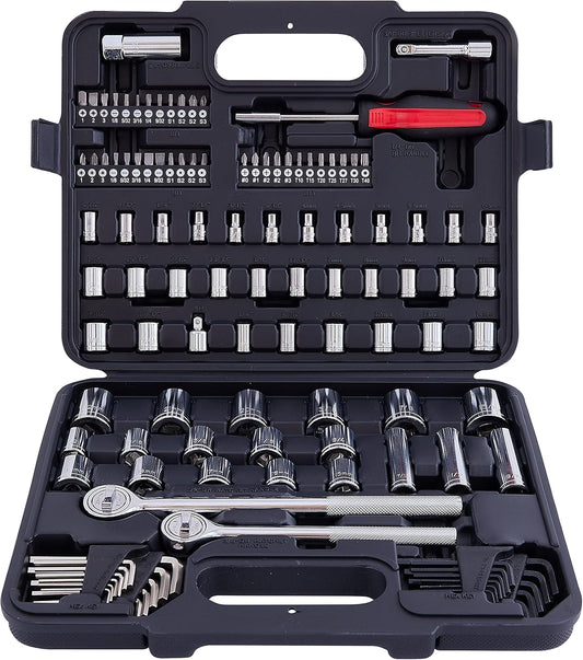 MECHMAX 121-Piece Mechanics Tool Set, 1/4 & 3/8-Inch Drive | Metric and standard SAE socket wrench kit. General automotive repair hand tool set for car mechanics and garage DIY
