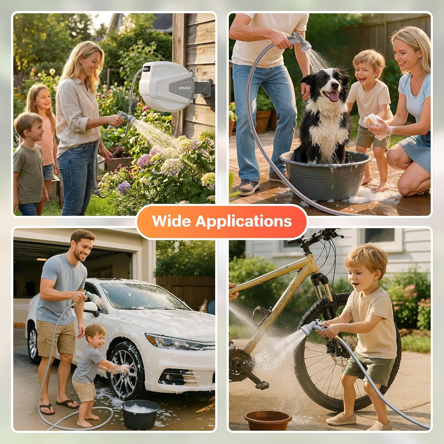 Ayleid Retractable Rubber Hybrid Garden Hose Reel, 1/2"x100ft Wall Mount | Anti-freeze, kink-free premium rubber hybrid hose, 24-month warranty, 9-pattern sprayer, any-length lock, slow auto-return.