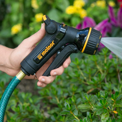 Melnor 65020-AMZ Metal Multi-Pattern Hose Nozzle with Rear Trigger Grip, 7 Spray Patterns, Heavy-Duty Metal Construction, Quick Connect Adapter, Black, Orange