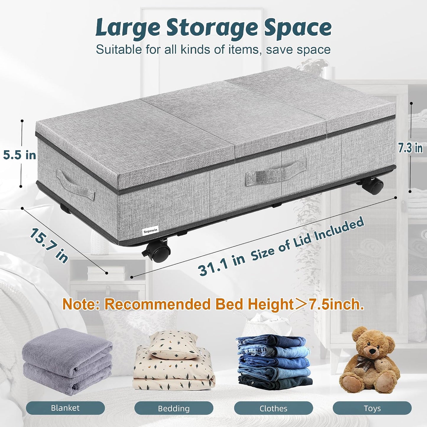 Supowin Under Bed Storage with Wheels, Rolling Underbed Storage Containers with Lids, Under Bed Shoe Storage Bins Organizer with Reinforced Metal Bottom Support and Three Handles