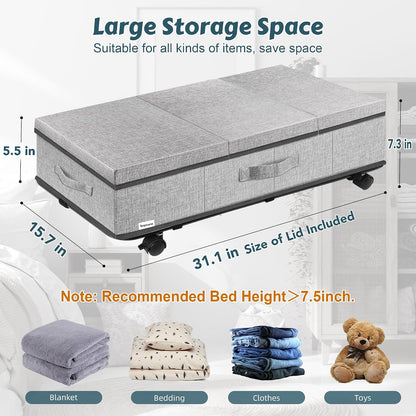 Supowin Under Bed Storage with Wheels, Rolling Underbed Storage Containers with Lids, Under Bed Shoe Storage Bins Organizer with Reinforced Metal Bottom Support and Three Handles