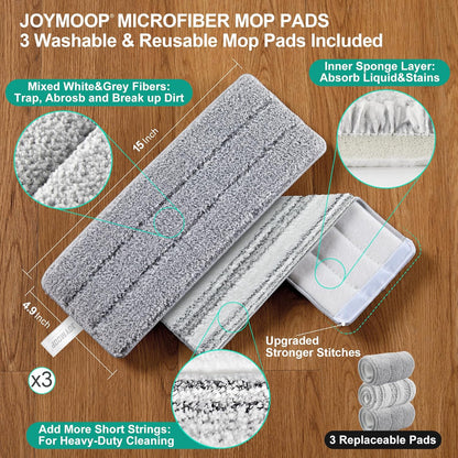 JOYMOOP Mop and Bucket Set, Flat Mops for Floor & Wall Cleaning, Commercial & Household Use, Hardwood Floor Mop with Long Handle & 4 Microfiber Pads