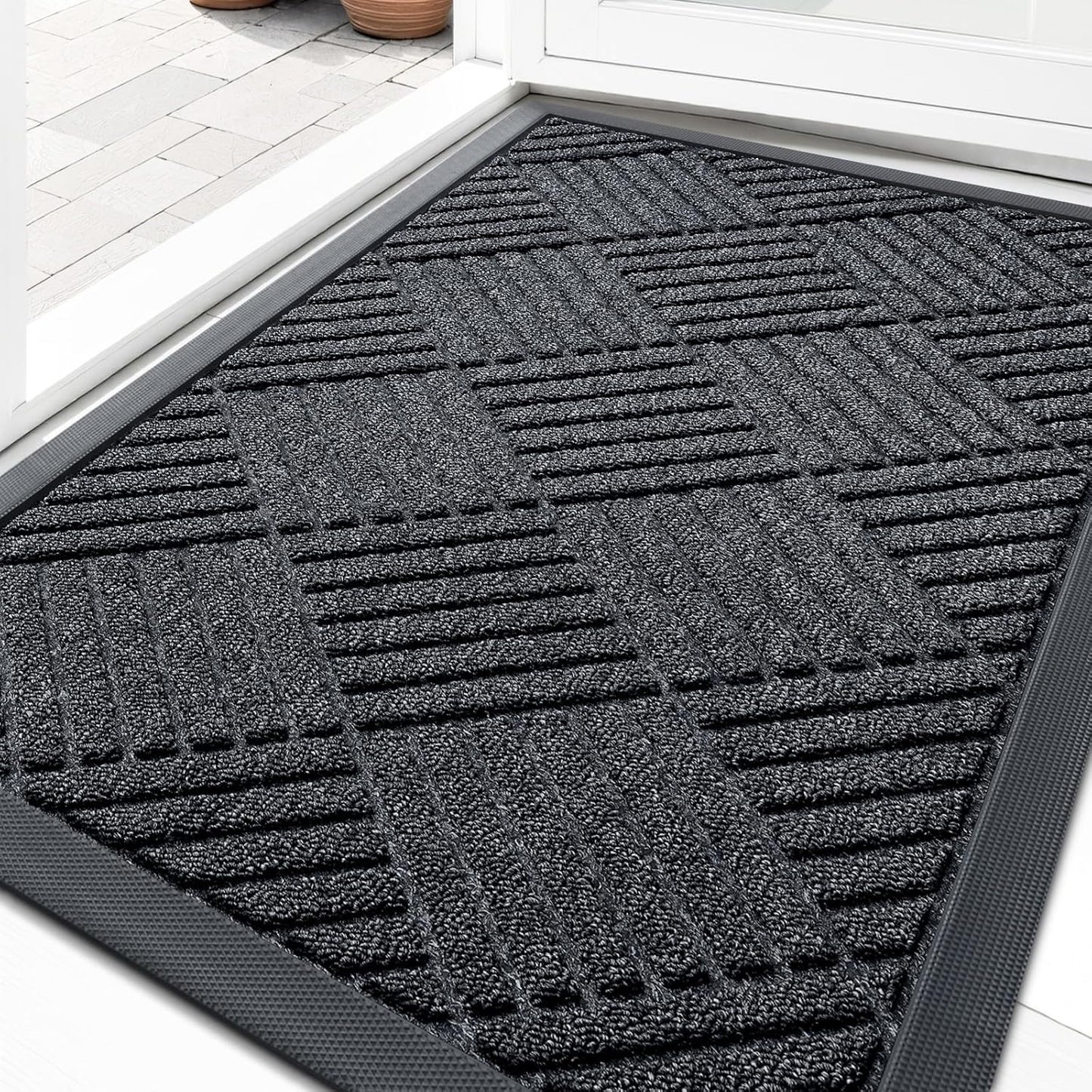 OLANLY Front Door Mat Outside Entrance 29.5x17, Absorbent, Heavy Duty Sturdy Natural Rubber Doormat Indoor Outdoor, Stain and Fade Resistant, Non-Slip Low Profile Floor Mat for Entryway, Grey Diamond