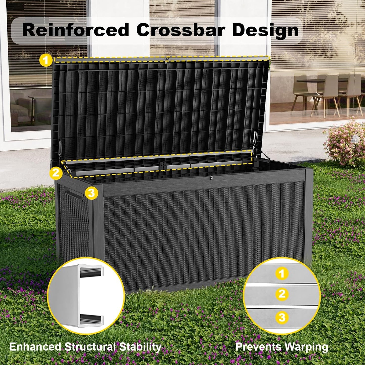 PatioZen 100 Gallon Resin Deck Box, Lockable Patio Outdoor Storage Box for Furniture, Garden Tools and Tools Storage, Waterproof Outside Storage Boxes - Black