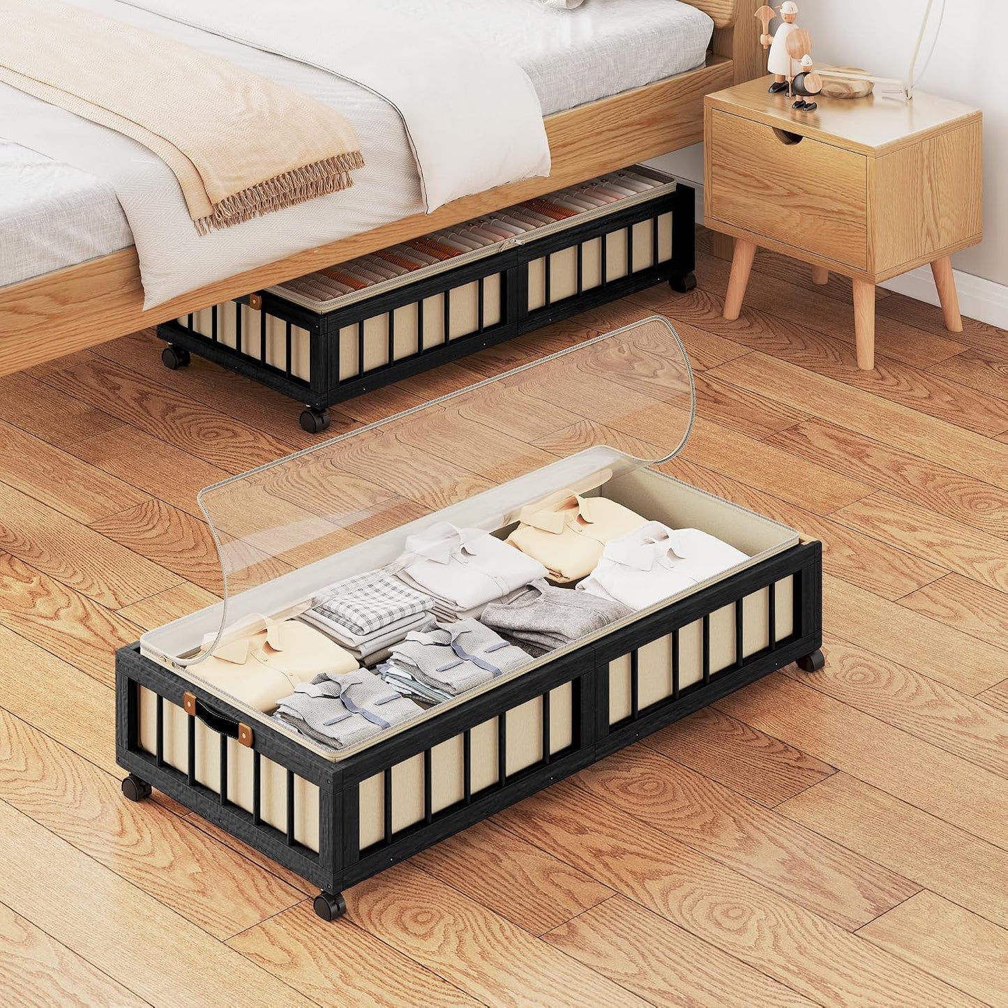 efluky 2-Pack Bamboo Under Bed Storage with Wheels, Rolling UnderBed Storage Basket with Large Dust Bag, Under Bed Storage Containers for Bedroom, Dorm and Basement, Nature