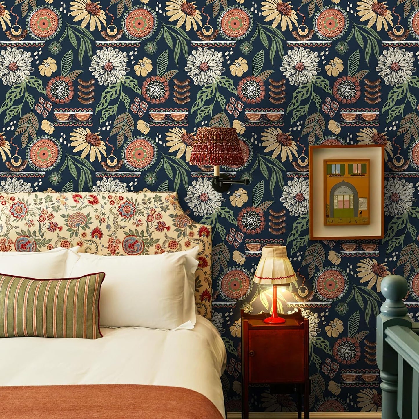 Simon&Siff Boho Peel and Stick Wallpaper, 17.3" x 80" Sun Floral Retro Contact Paper Removable Self Adhesive Wall Paper for Cabinets Furniture Bedroom Nursery Bathroom Renter Friendly DIY Decor