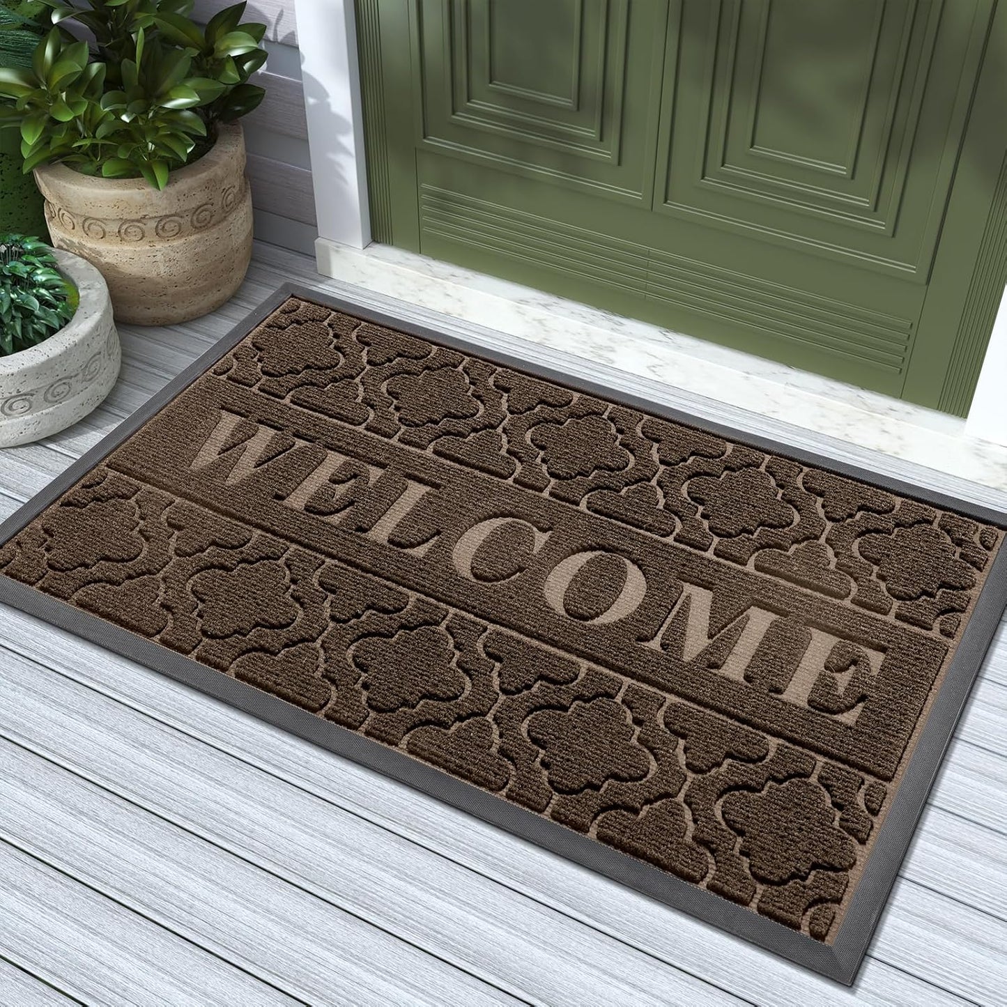 Yimobra Welcome Mat Outdoor Indoor, All-Weather Waterproof Front Door Mat Outside Entrance, Non-Slip Low Profile Porch Patio Doormat, 29.5x17, Black
