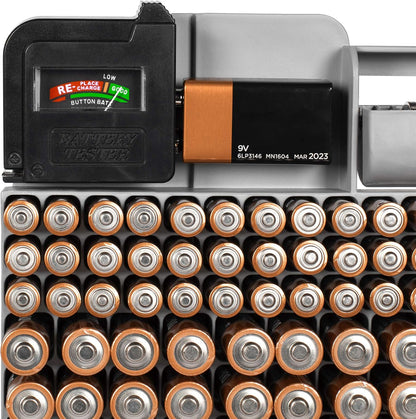 Richards Battery Organizer with Energy Tester, Holds 109 Batteries of Different Sizes for AAA, AA, 9V, C, D, and Button Battery