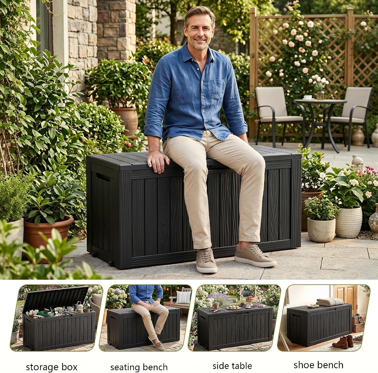 EasyUp 33 Gallon Resin Deck Box Waterproof, UV Resistant Outdoor Storage Box for Delivery, Porch, Patio and Garden, Stripe Black