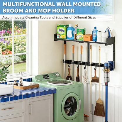 HUFAND Broom Holder Wall Mount, 27" Large Mop and Broom Organizer Wall Hanging with Top Storage Shelf & Vacuum Hook, Heavy Duty Iron Utility Rack for Laundry Room, Garage, Kitchen, Garden - Black