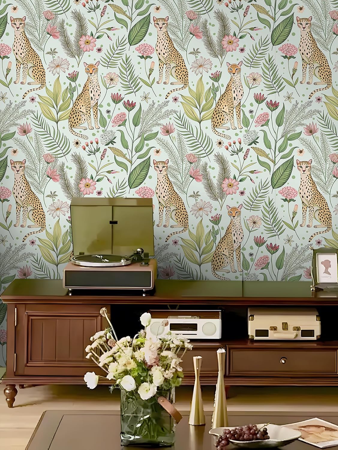 Floralplus Peel and Stick Wallpaper Leopard Jungle Removable Wallpaper for Bathroom Renter Friendly Wallpapers Self Adhesive Animal Floral Contact Paper for Accent Wall 17.5 x 118 in