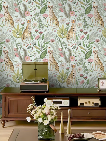 Floralplus Peel and Stick Wallpaper Leopard Jungle Removable Wallpaper for Bathroom Renter Friendly Wallpapers Self Adhesive Animal Floral Contact Paper for Accent Wall 17.5 x 118 in