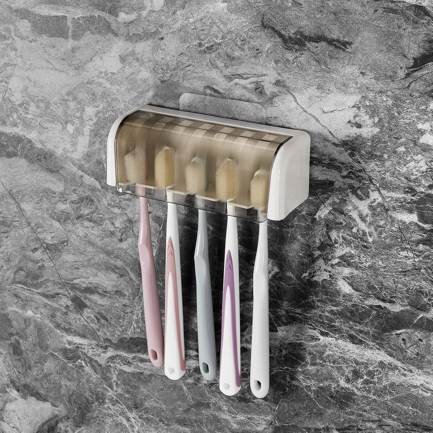5 Slots Wall Mount Toothbrush Holder with Cover, Self Adhesive Toothbrush Storage Organizer for Shower, Toothbrush Hanger with Automatic Toothpaste Squeezer Dispenser