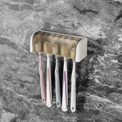 5 Slots Wall Mount Toothbrush Holder with Cover, Self Adhesive Toothbrush Storage Organizer for Shower, Toothbrush Hanger with Automatic Toothpaste Squeezer Dispenser
