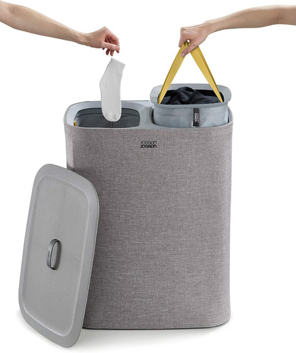 Joseph Joseph Tota Trio 90 liter/23.8 gallon Laundry Hamper Separation Basket with lid, 3 Removable Washing Bags with Handles- Ecru