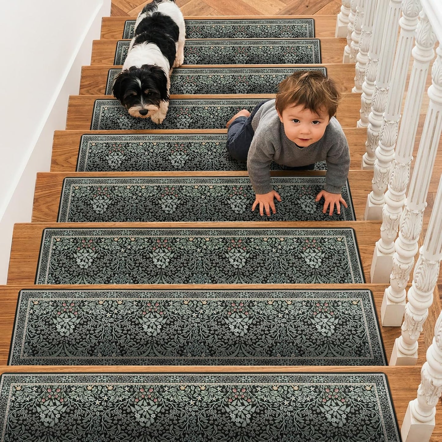 OJIA Floral Stair Treads Non-Slip Stair Runner for Wooden Steps Indoor 15PCS 30"x8" Carpet Stair Treads Stair Mats Staircase Step Treads for Kids, Elders and Dogs, Stair Covers, Black