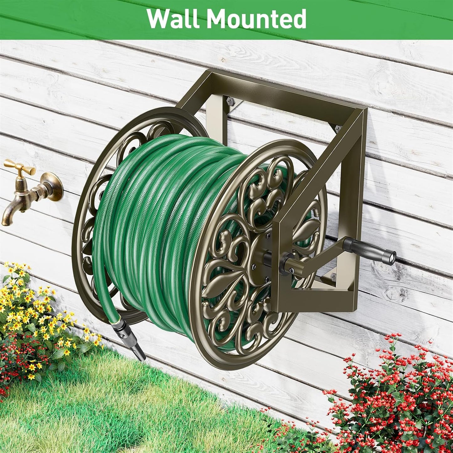 GOFORWILD Garden Wall Mount Hose Reel, Decorative Hose Reel, Garden Heavy-Duty Water Hose Holder Winder, Holds 200-Feet of 5/8-Inch Hose