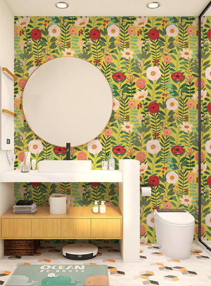 HAOKHOME Floral Peel and Stick Wallpaper Boho Vintage Wall Paper Removable for Bathroom Nursery Beige/Pink/Red Contact Paper 17.3in x 9.8ft