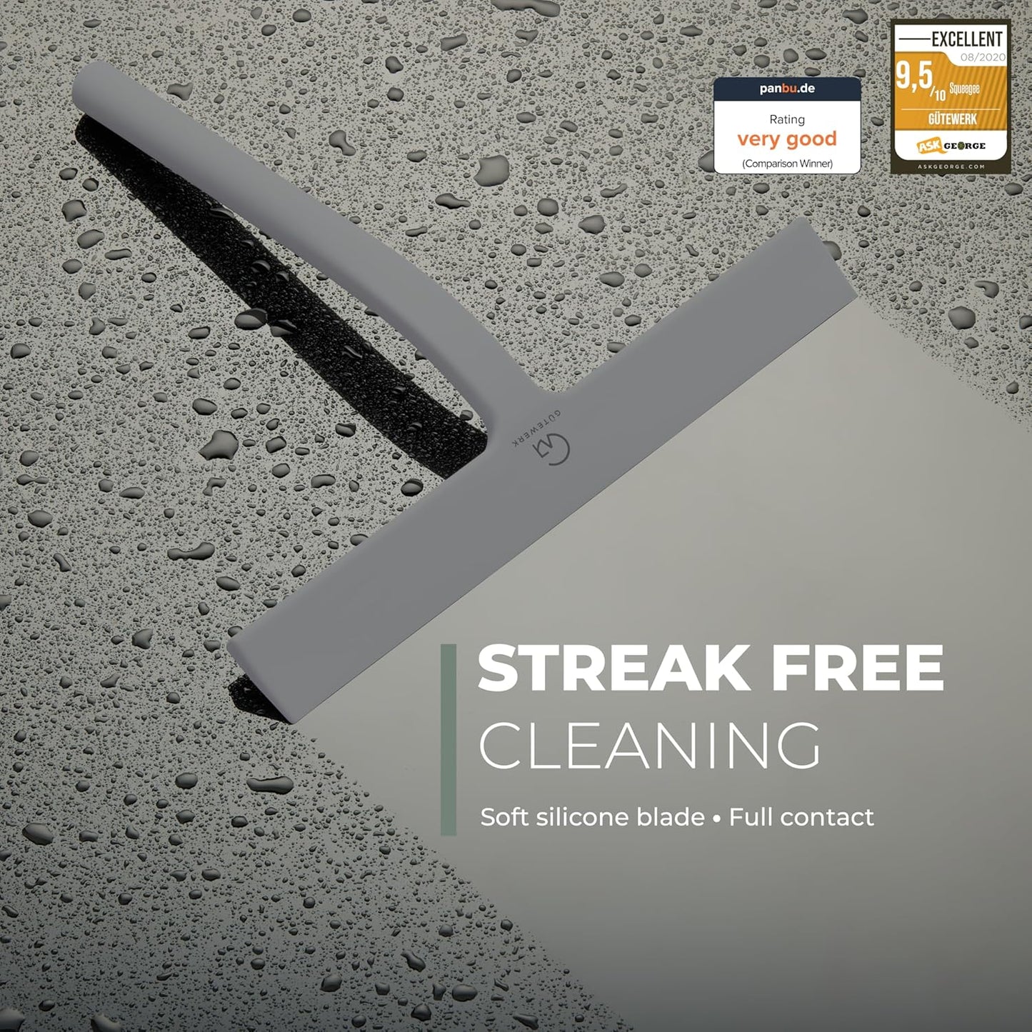GÜTEWERK Silicone Shower Squeegee for Glass Doors & Mirrors with Stainless Steel Core, Streak-Free & No-Squeak Window Cleaning, 3-in-1 No-Drill Mount (Hook/Suction/Adhesive),White, 9 Inches