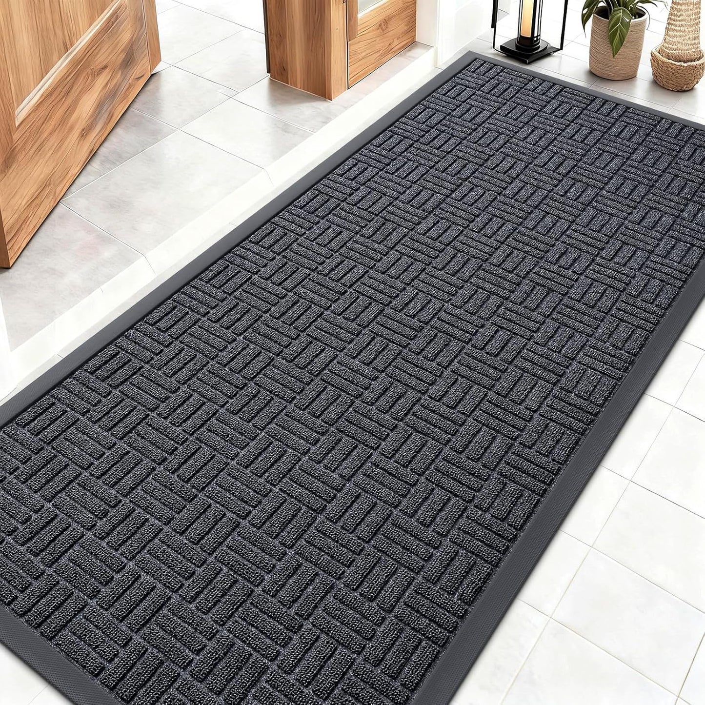 OLANLY Front Door Mat Outside Entrance 29.5x17, Absorbent, Heavy Duty Sturdy Natural Rubber Doormat Indoor Outdoor, Stain and Fade Resistant, Non-Slip Backing Low Profile Floor Mat for Entryway, Grey