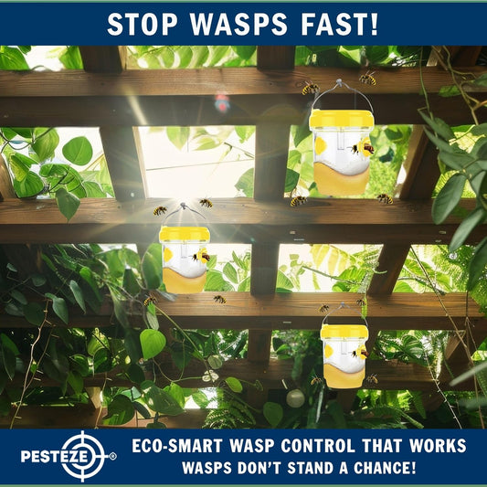 PESTEZE USA 2 Pack Reusable Solar Hanging Wasp Trap with LED Light [Yellow, 3.5×4.4 in] Attracts & Kills Wasps, Hornets, Yellow Jackets & Flying Insects Safely, Chemical-Free, Waterproof Outdoor Trap