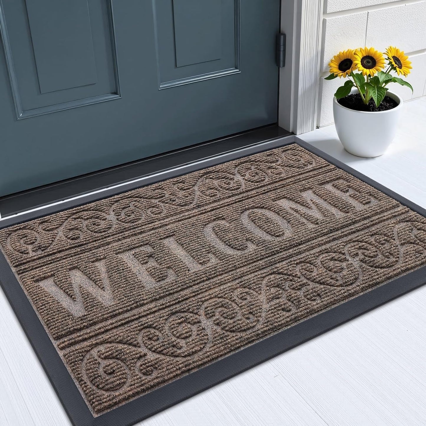 OLANLY Front Door Mat Outside Entrance 29.5x17, Absorbent, Heavy Duty Sturdy Natural Rubber Doormat Indoor Outdoor, Stain and Fade Resistant, Non-Slip Backing Low Profile Floor Mat for Entryway, Grey