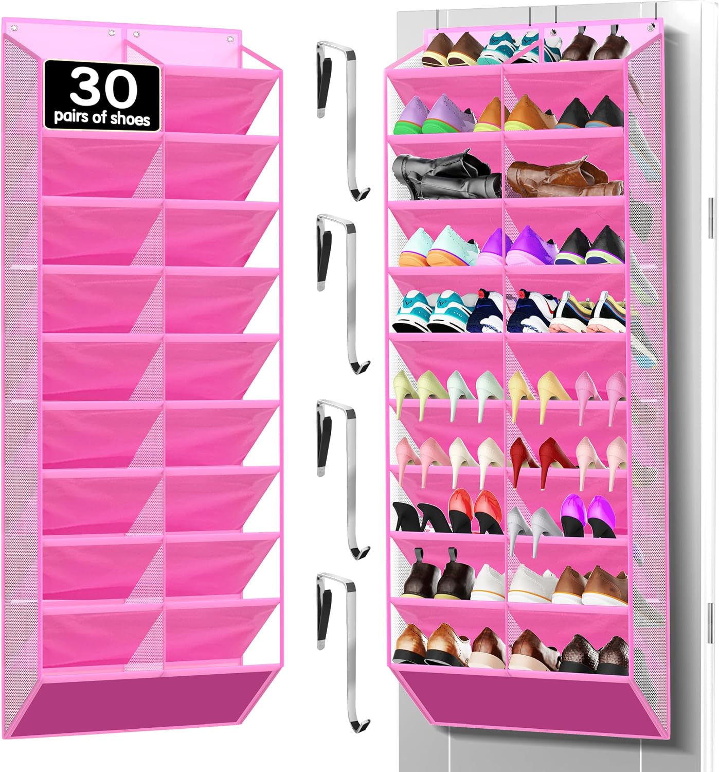 Kotkn Over the Door Shoe Organizer with 30 Breathable Mesh Pockets - Large Capacity Closet Storage for Men & Women, Hanging Shoe Rack Organizer (Gray)