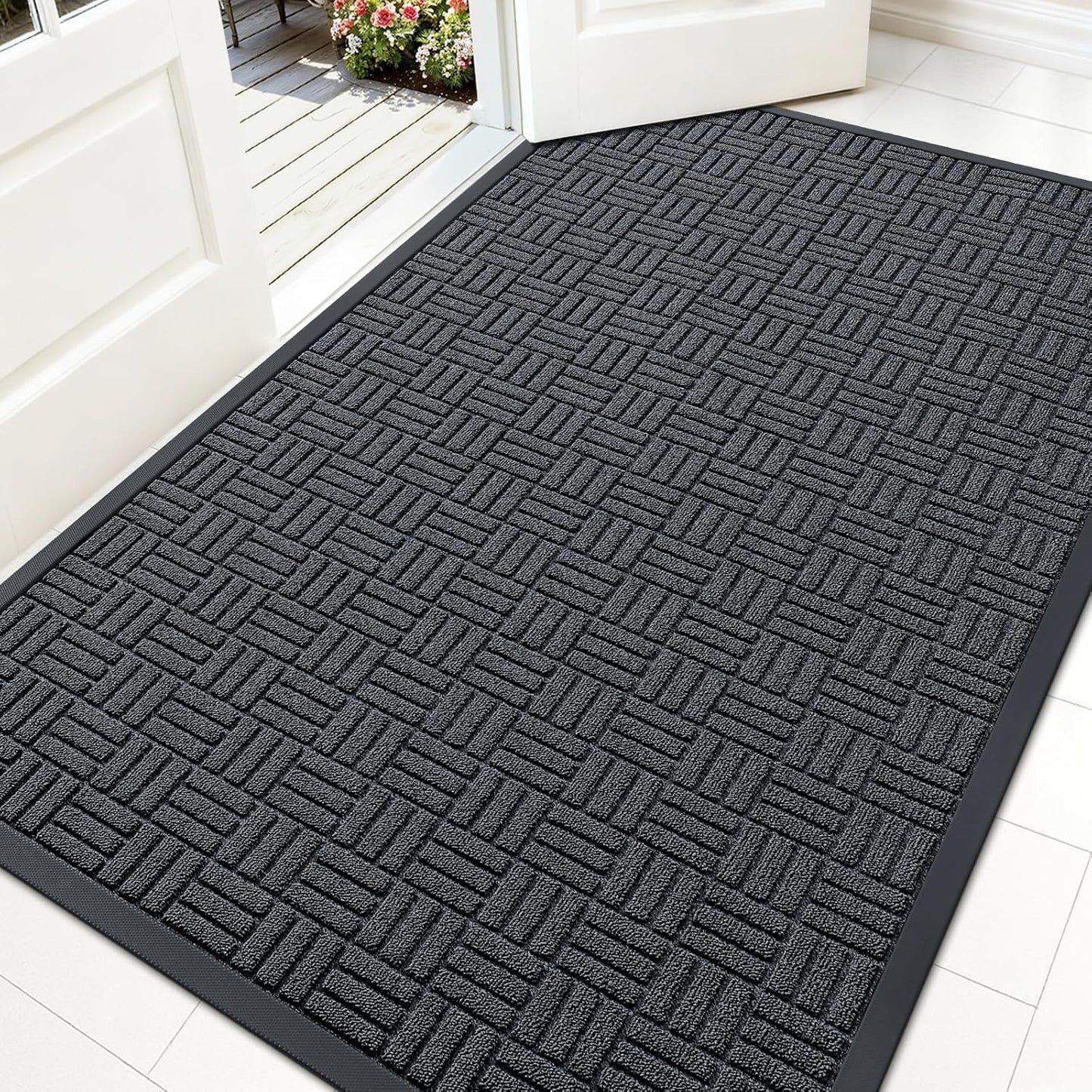 OLANLY Front Door Mat Outside Entrance 29.5x17, Absorbent, Heavy Duty Sturdy Natural Rubber Doormat Indoor Outdoor, Stain and Fade Resistant, Non-Slip Backing Low Profile Floor Mat for Entryway, Grey