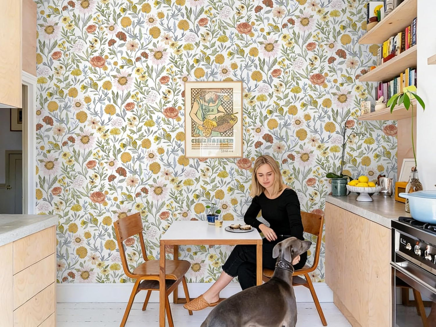 Dimoon 17.3''x78.7'' Peel and Stick Wallpaper Floral Cute Contact Paper Vintage Village Country Cottage Wallpaper Farmhouse Yellow Beige Renter Friendly Geometry Waterproof Embossed Kitchen Bedroom