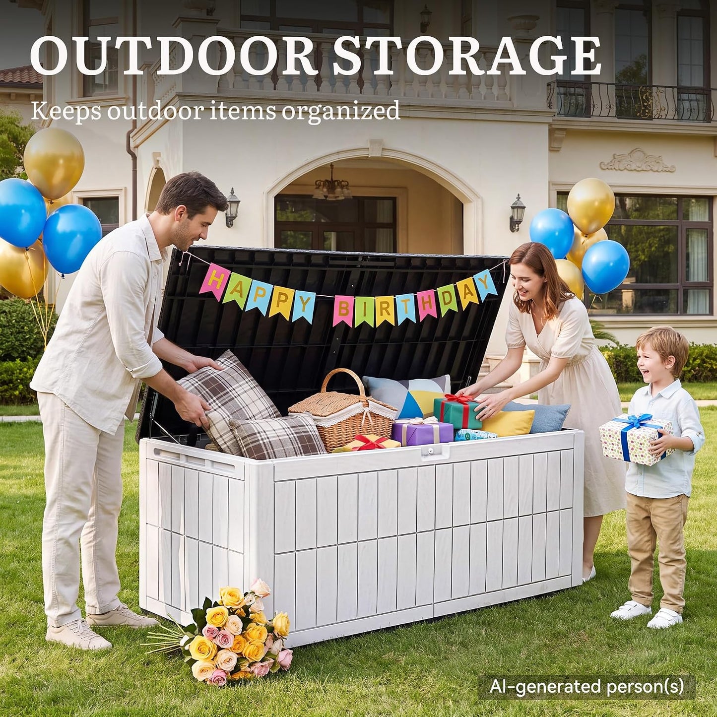 YITAHOME 134 Gallon Large Deck Box | Waterproof Resin Outdoor Storage Box with Lock, Doubles as 2-Person Bench Seating for Patio Furniture Cushions,Garden Tools &