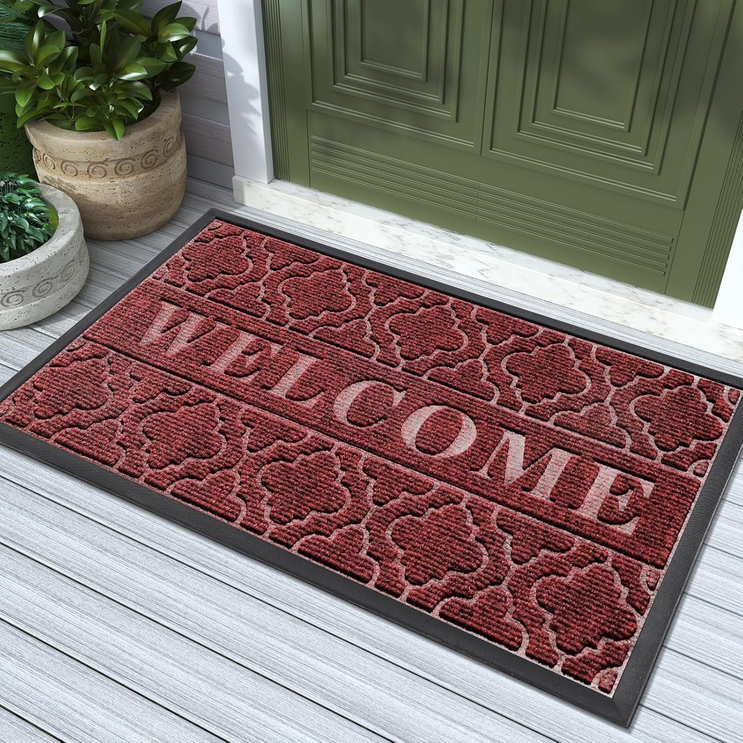 Yimobra Welcome Mat Outdoor Indoor, All-Weather Waterproof Front Door Mat Outside Entrance, Non-Slip Low Profile Porch Patio Doormat, 29.5x17, Black
