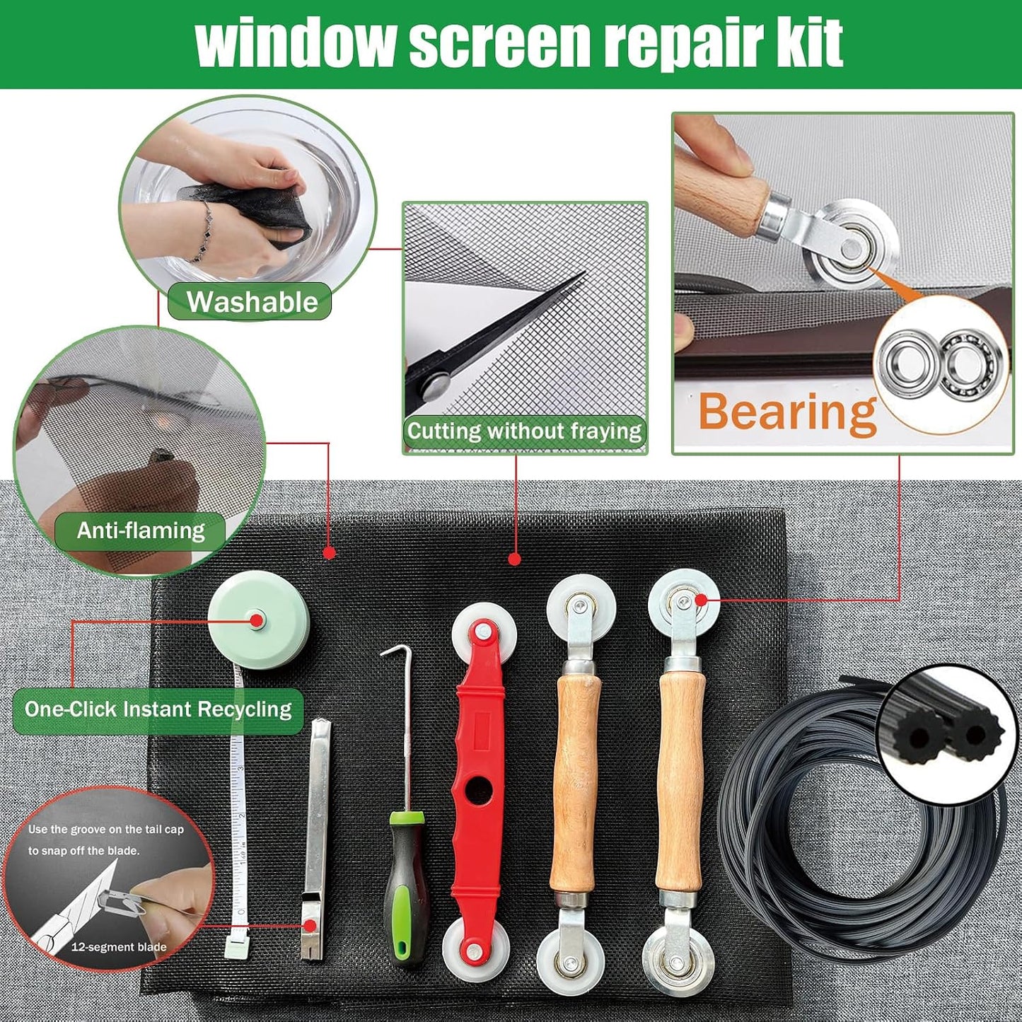 Screen Repair Kit & Window Screen Replacement Kit with Spline Roller Tool, Spline Removal Hook, Screen Cutter - Easy to Use 5-in-1 Tool for Screen Door Repair, Windows, Patio & Sliding Doors