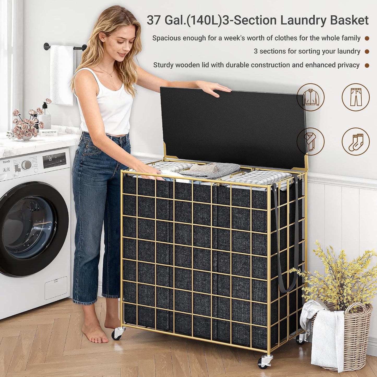 Laundry Basket with Wheels, Heavy Duty Laundry Sorter 2 Sections, 120L (32Gal.) Large Capacity Laundry Hamper with Wood Lid, 360 Rolling Wheels, Extra Side Pocket, Leather Pull Handle, Beige